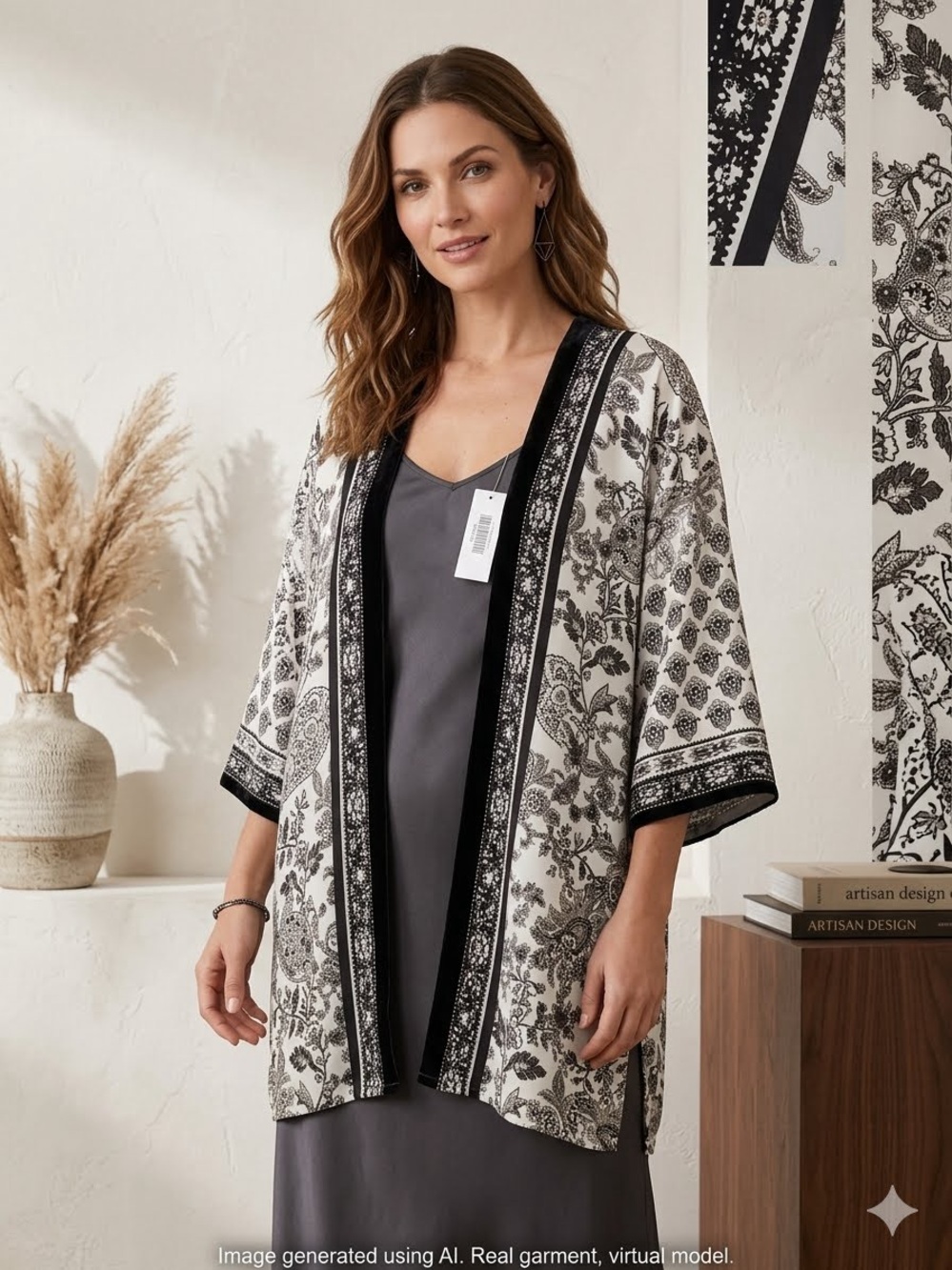 Chico's Black and White Paisley-Print Kimono
